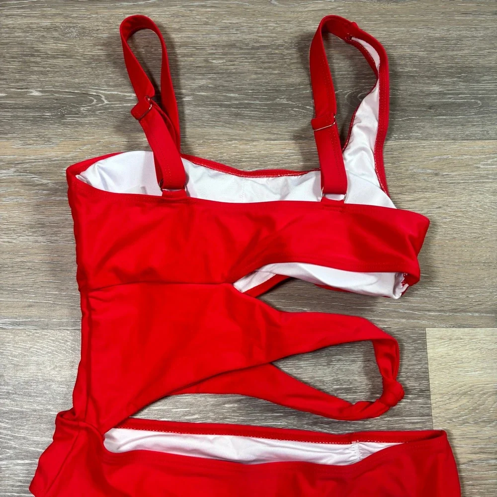 Red Cut-Out One Piece Swimsuit Monokini Adjustable Straps Knot Detail Size Small